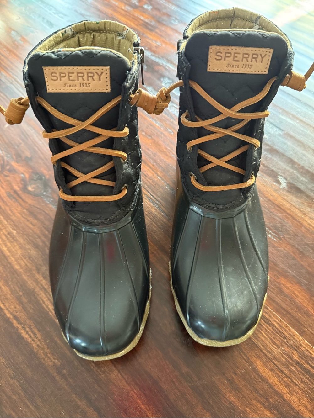Sperry Black and Tan Kids Quilted Duck Boots